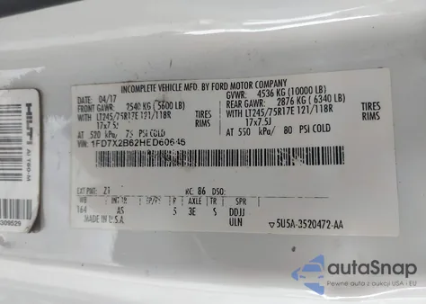 2017 Ford F-250 Xl from USA, damaged, VIN 1FD7X2B62HED60646